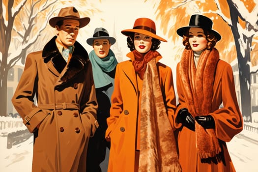 A chic portrayal of the winter season's fashion, highlighting stylish winter attire, including scarves, hats, and coats. This composition captures the elegance and coziness of winter wardrobe.