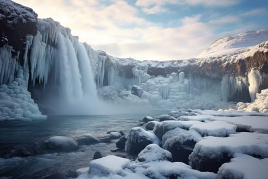 A mesmerizing display of the winter landscape, focusing on the distinctive and captivating frozen waterfalls found in chilly regions.