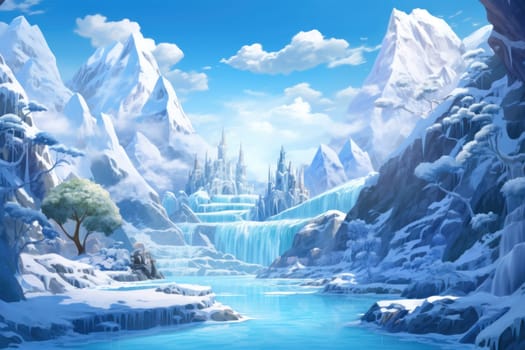 A mesmerizing display of the winter landscape, focusing on the distinctive and captivating frozen waterfalls found in chilly regions.