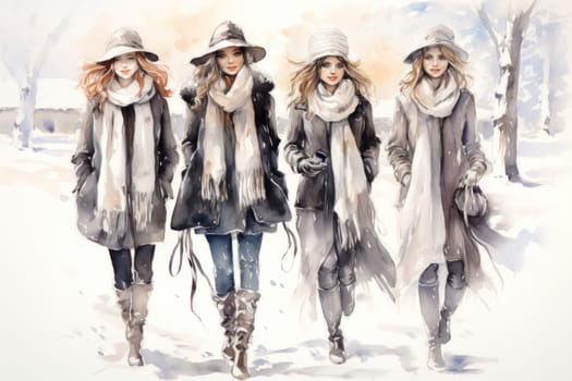 A chic portrayal of the winter season's fashion, highlighting stylish winter attire, including scarves, hats, and coats. This composition captures the elegance and coziness of winter wardrobe.