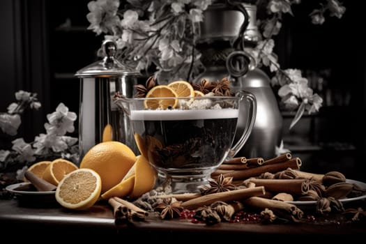 A mouthwatering portrayal of winter's culinary delights, showcasing the artful photography of winter-inspired dishes and beverages like hot soup, roasted chestnuts, and mulled wine.