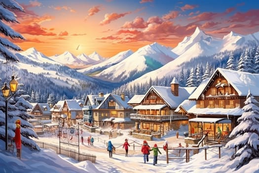 A dynamic portrayal of the winter wonderland at ski resorts, capturing the exhilaration and scenic beauty.