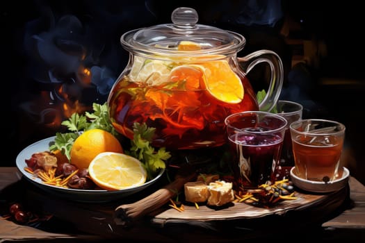 A mouthwatering portrayal of winter's culinary delights, showcasing the artful photography of winter-inspired dishes and beverages like hot soup, roasted chestnuts, and mulled wine.