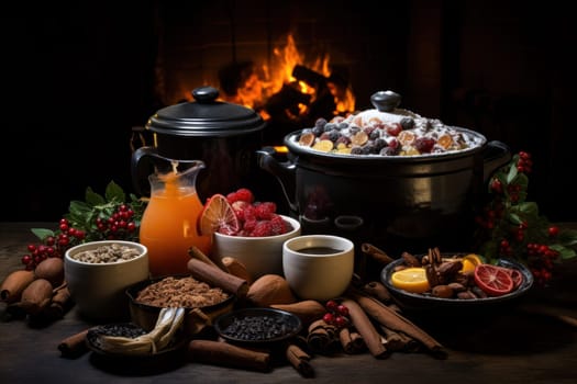 A mouthwatering portrayal of winter's culinary delights, showcasing the artful photography of winter-inspired dishes and beverages like hot soup, roasted chestnuts, and mulled wine.