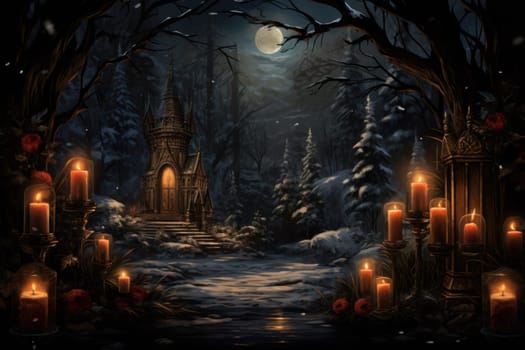 A captivating portrayal of the winter charm, focusing on the creation of cozy and welcoming visuals using the soft glow of candles or lanterns against the snowy backdrop.