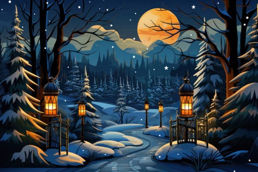 A captivating portrayal of the winter charm, focusing on the creation of cozy and welcoming visuals using the soft glow of candles or lanterns against the snowy backdrop.