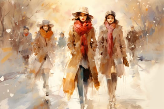 A chic portrayal of the winter season's fashion, highlighting stylish winter attire, including scarves, hats, and coats. This composition captures the elegance and coziness of winter wardrobe.