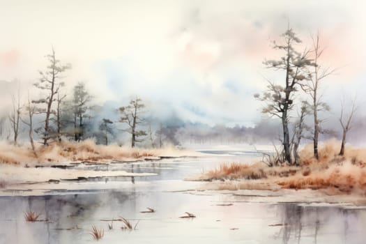 A captivating visual representation of the winter ambiance, focusing on the enigmatic allure of fog and mist enveloping the landscape, especially near bodies of water.