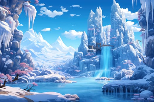 A mesmerizing display of the winter landscape, focusing on the distinctive and captivating frozen waterfalls found in chilly regions.