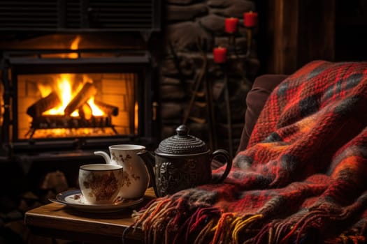 A heartwarming depiction of the winter season's charm, with individuals captured indoors, basking by a crackling fire, indulging in hot cocoa, or cocooned in soft blankets.