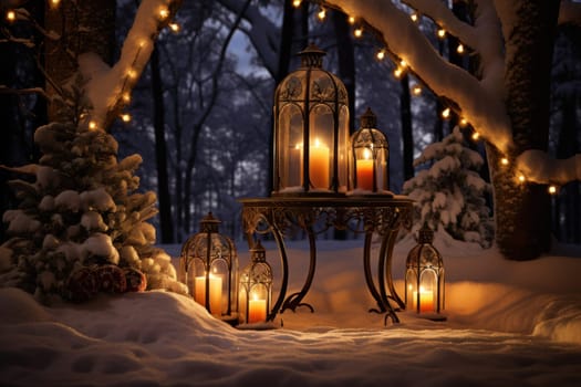 A captivating portrayal of the winter charm, focusing on the creation of cozy and welcoming visuals using the soft glow of candles or lanterns against the snowy backdrop.