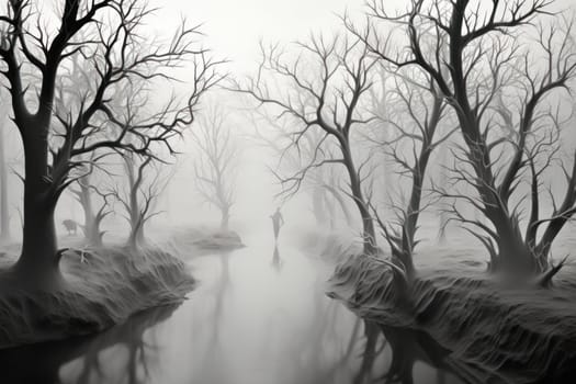 A captivating visual representation of the winter ambiance, focusing on the enigmatic allure of fog and mist enveloping the landscape, especially near bodies of water.