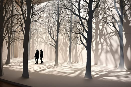 A striking visual display of the winter season, utilizing the extended shadows and sharp differences in lighting to craft captivating silhouettes against the snowy backdrop.