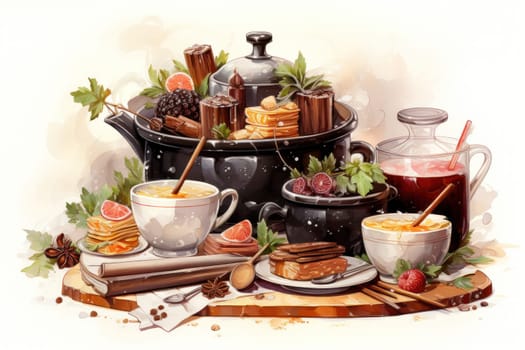 A mouthwatering portrayal of winter's culinary delights, showcasing the artful photography of winter-inspired dishes and beverages like hot soup, roasted chestnuts, and mulled wine.