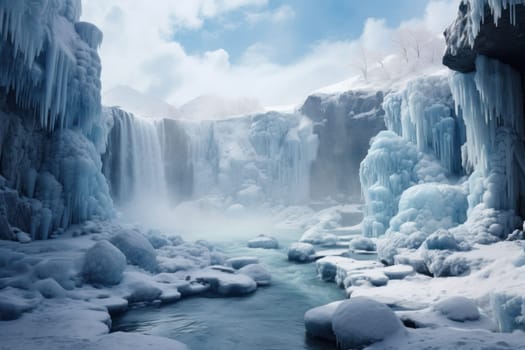 A mesmerizing display of the winter landscape, focusing on the distinctive and captivating frozen waterfalls found in chilly regions.