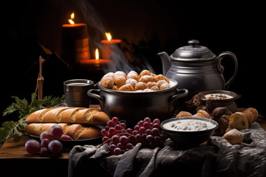 A mouthwatering portrayal of winter's culinary delights, showcasing the artful photography of winter-inspired dishes and beverages like hot soup, roasted chestnuts, and mulled wine.