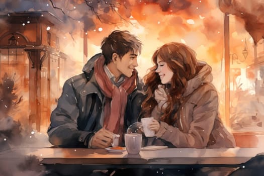 A heartwarming depiction of the winter season's charm, with individuals captured indoors, basking by a crackling fire, indulging in hot cocoa, or cocooned in soft blankets.