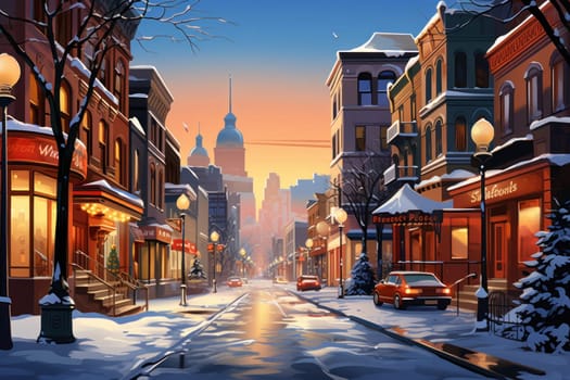 An evocative representation of urban life during winter, focusing on the enchanting vistas of city streets, buildings blanketed in snow, and the warm radiance of streetlights.