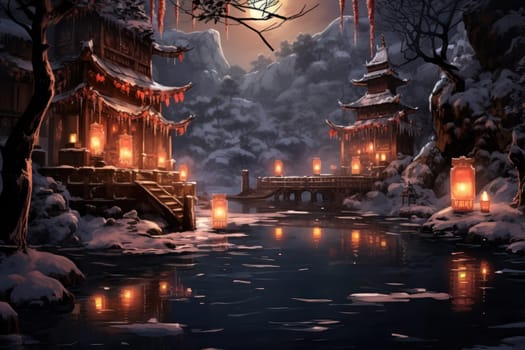 A captivating portrayal of the winter charm, focusing on the creation of cozy and welcoming visuals using the soft glow of candles or lanterns against the snowy backdrop.