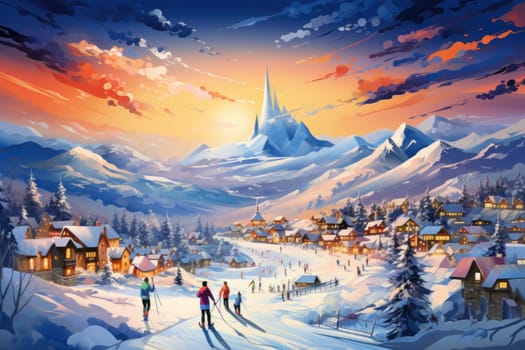 A dynamic portrayal of the winter wonderland at ski resorts, capturing the exhilaration and scenic beauty.