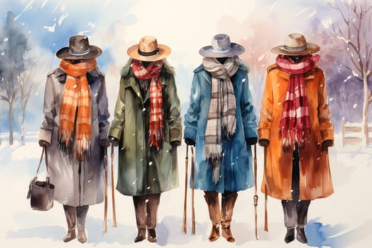 A chic portrayal of the winter season's fashion, highlighting stylish winter attire, including scarves, hats, and coats. This composition captures the elegance and coziness of winter wardrobe.