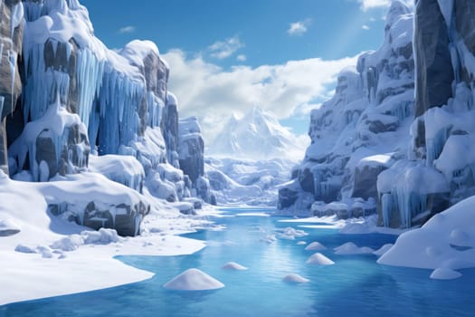 A mesmerizing display of the winter landscape, focusing on the distinctive and captivating frozen waterfalls found in chilly regions.