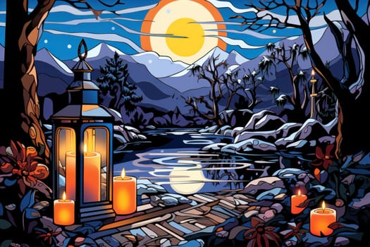 A captivating portrayal of the winter charm, focusing on the creation of cozy and welcoming visuals using the soft glow of candles or lanterns against the snowy backdrop.