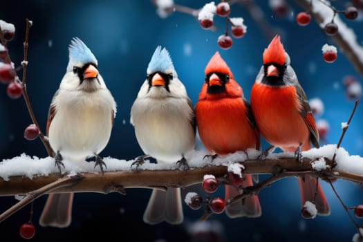 A stunning portrayal of winter's avian beauty, showcasing the artful photography of birds like cardinals, chickadees, and blue jays set against the pristine canvas of snow.