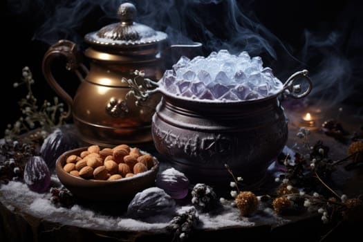 A mouthwatering portrayal of winter's culinary delights, showcasing the artful photography of winter-inspired dishes and beverages like hot soup, roasted chestnuts, and mulled wine.