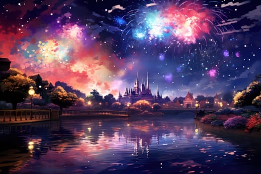 An electrifying display of winter's nocturnal splendor, featuring the dazzling spectacle of New Year's Eve fireworks and other seasonal celebrations.