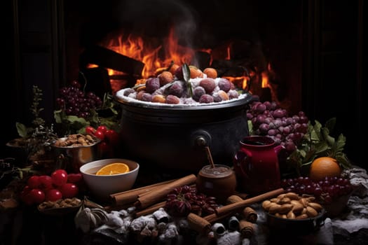 A mouthwatering portrayal of winter's culinary delights, showcasing the artful photography of winter-inspired dishes and beverages like hot soup, roasted chestnuts, and mulled wine.