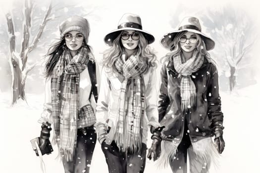 A chic portrayal of the winter season's fashion, highlighting stylish winter attire, including scarves, hats, and coats. This composition captures the elegance and coziness of winter wardrobe.