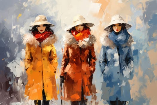 A chic portrayal of the winter season's fashion, highlighting stylish winter attire, including scarves, hats, and coats. This composition captures the elegance and coziness of winter wardrobe.
