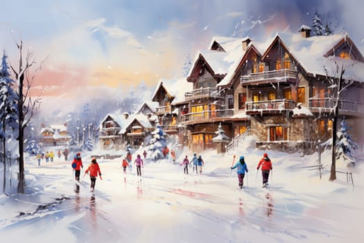 A dynamic portrayal of the winter wonderland at ski resorts, capturing the exhilaration and scenic beauty.