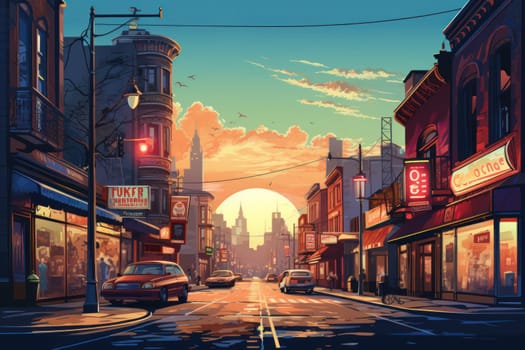 An evocative representation of urban life during winter, focusing on the enchanting vistas of city streets, buildings blanketed in snow, and the warm radiance of streetlights.