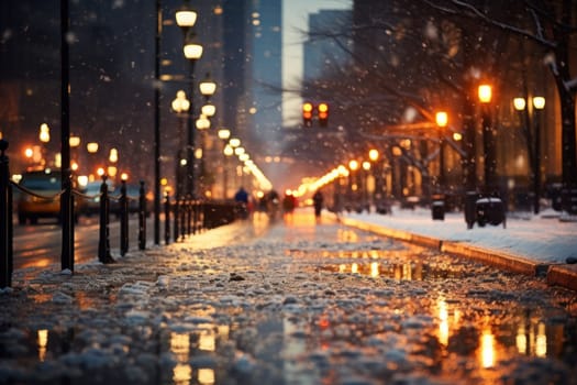 An evocative representation of urban life during winter, focusing on the enchanting vistas of city streets, buildings blanketed in snow, and the warm radiance of streetlights.
