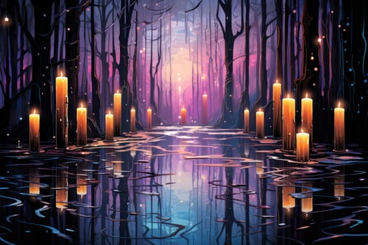 A captivating portrayal of the winter charm, focusing on the creation of cozy and welcoming visuals using the soft glow of candles or lanterns against the snowy backdrop.