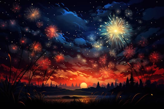 An electrifying display of winter's nocturnal splendor, featuring the dazzling spectacle of New Year's Eve fireworks and other seasonal celebrations.