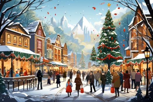 A vibrant depiction of the holiday spirit, capturing the lively ambiance of bustling markets and fairs adorned with festive decorations.