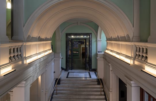 London, UK - Nov 01, 2023 - Beautiful interior corridor architecture design of The Victoria & Albert Museum. Inner decor, Space for text, Selective focus.