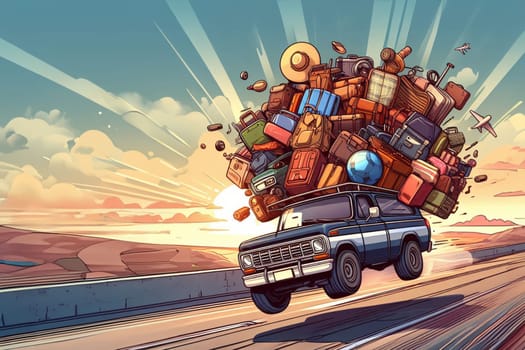 Huge pile luggage on jump slope 4x4 jeep roof, nomadic lifestyle vacation travel, comic fun art generated ai