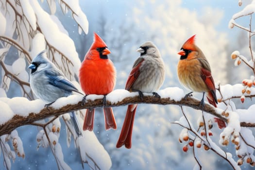A stunning portrayal of winter's avian beauty, showcasing the artful photography of birds like cardinals, chickadees, and blue jays set against the pristine canvas of snow.