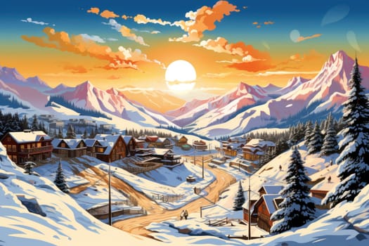 A dynamic portrayal of the winter wonderland at ski resorts, capturing the exhilaration and scenic beauty.