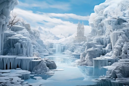 A mesmerizing display of the winter landscape, focusing on the distinctive and captivating frozen waterfalls found in chilly regions.