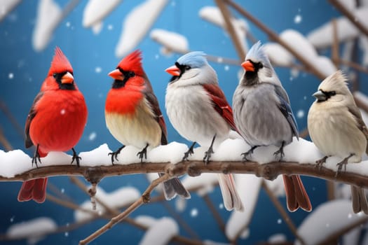 A stunning portrayal of winter's avian beauty, showcasing the artful photography of birds like cardinals, chickadees, and blue jays set against the pristine canvas of snow.