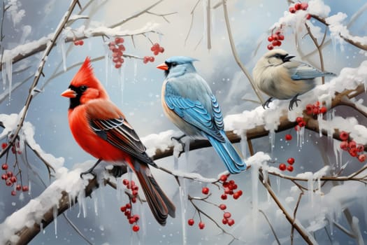A stunning portrayal of winter's avian beauty, showcasing the artful photography of birds like cardinals, chickadees, and blue jays set against the pristine canvas of snow.