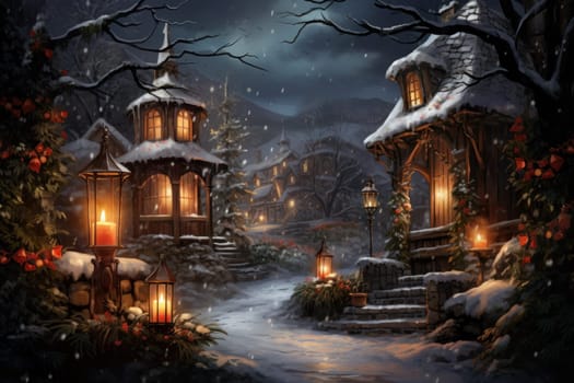 A captivating portrayal of the winter charm, focusing on the creation of cozy and welcoming visuals using the soft glow of candles or lanterns against the snowy backdrop.