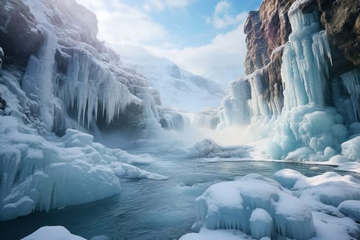 A mesmerizing display of the winter landscape, focusing on the distinctive and captivating frozen waterfalls found in chilly regions.