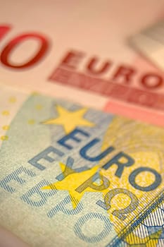 Euro banknotes. Euro, the common currency of the European Union. A financial instrument that plays an important role in the European economy.