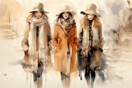 A chic portrayal of the winter season's fashion, highlighting stylish winter attire, including scarves, hats, and coats. This composition captures the elegance and coziness of winter wardrobe.